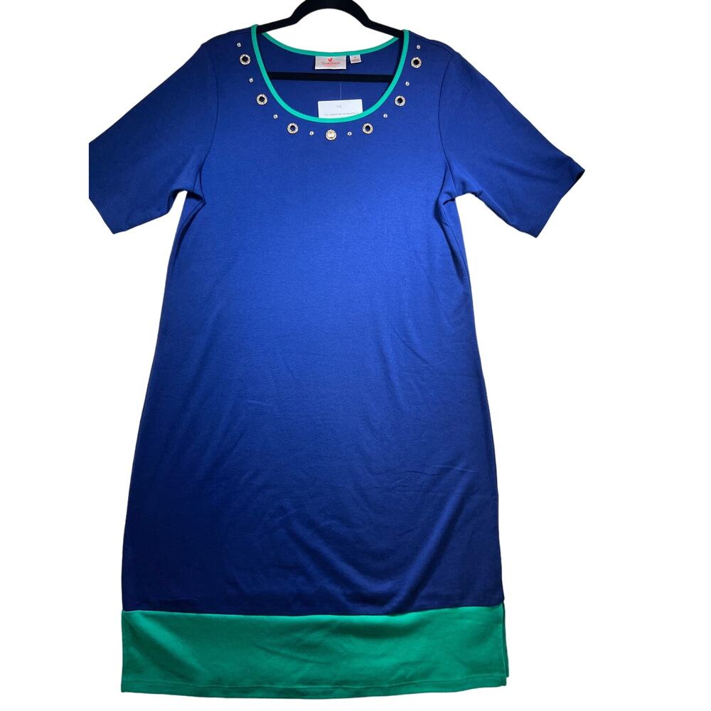 Quacker Factory Blue Green Embellished Shift T Shirt Dress Womens Medium NWT